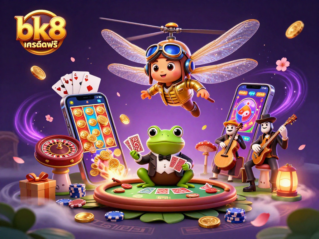 Spin the reels and win with bk8 เครดิตฟรี in a vibrant 3D casino scene featuring lively characters.