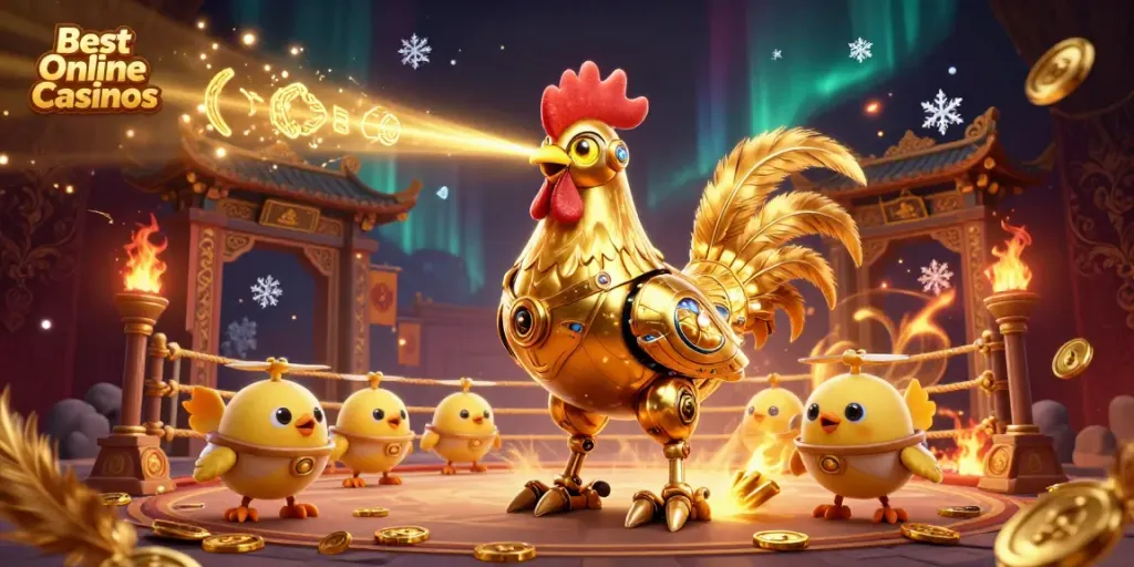 Experience the thrill of the Best Online Casinos with golden rooster robot and baby chick drones in a vibrant 3D scene.