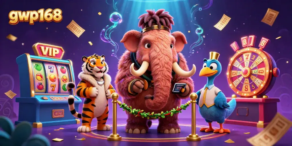 GWP168 menghadirkan ilustrasi kasino ceria dengan karakter mammoth dan macan sabertooth di tengah suasana ramai.