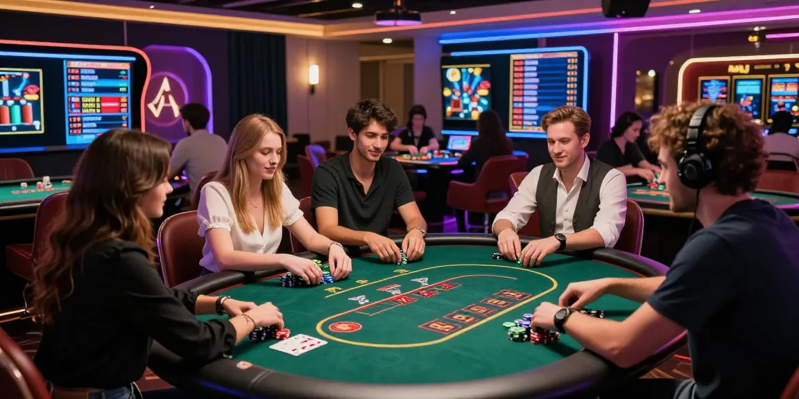 A lively online gaming scene at 78winnh.net featuring players engaged in poker, surrounded by colorful chips, screens, and vibrant lighting.