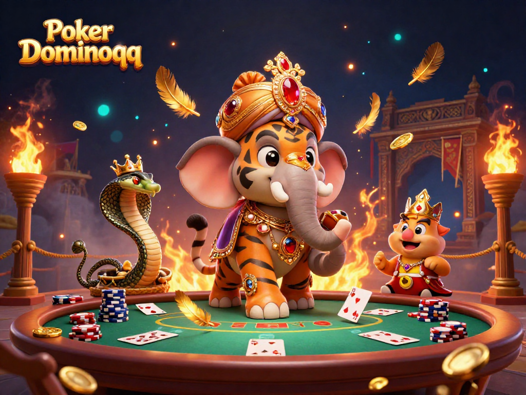 Experience Poker Dominoqq with a vibrant scene of a majestic tiger, elephant, and cobra in a dynamic poker casino.