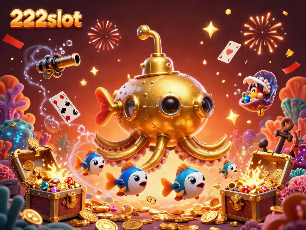 Visualisasi 222slot dengan kraken emas dan ikan mekanik, meriah dengan koin dan permainan kartu.