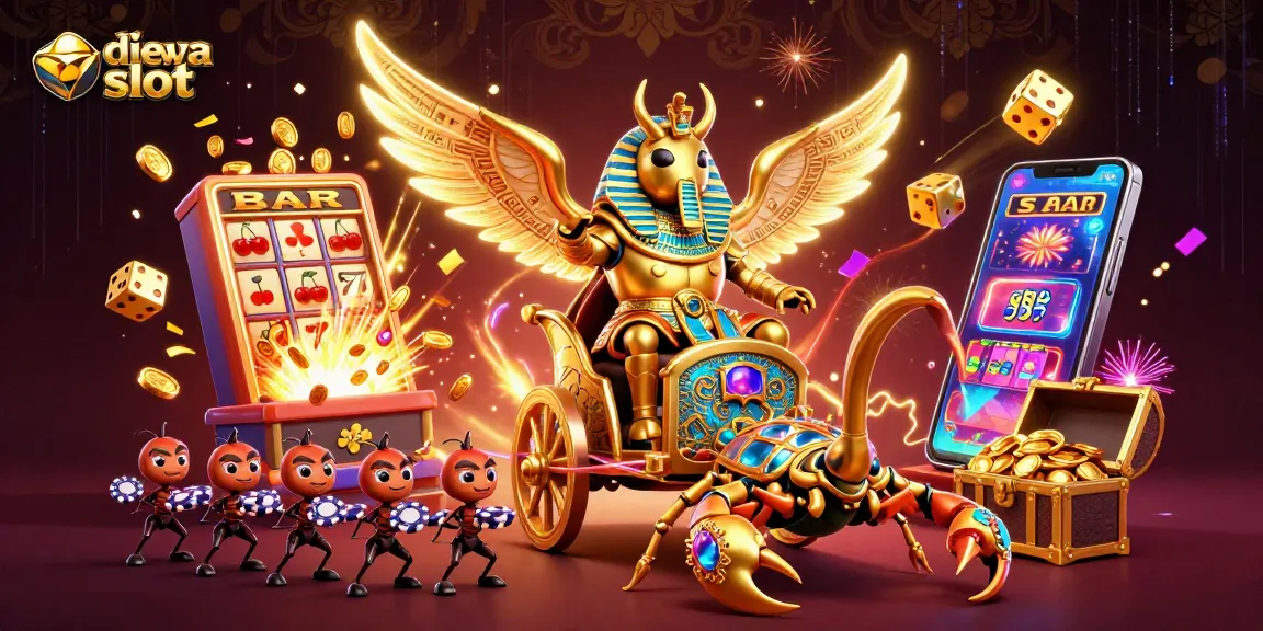 Situs dewa slot menampilkan ilustrasi kasino dengan skarab emas dan simbol slot yang berkilauan.
