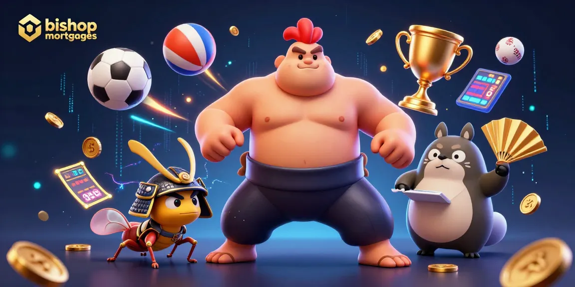 Bishopmortgages showcases a powerful sumo wrestler rooster and samurai cricket in a vibrant casino scene filled with sports elements.