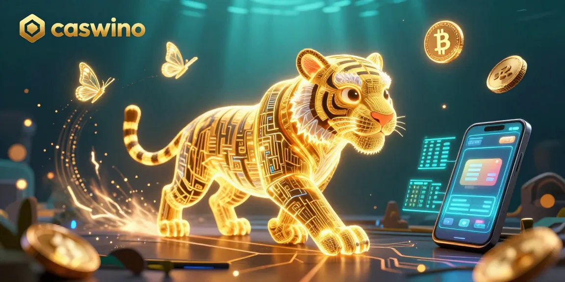 Experience the vibrant energy of caswino with a digital casino landscape featuring a glowing tiger and cryptocurrency symbols.