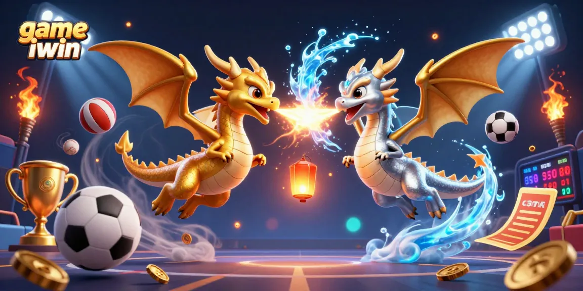Experience the thrilling game iwin as golden and silver dragons battle amidst dynamic sports elements.