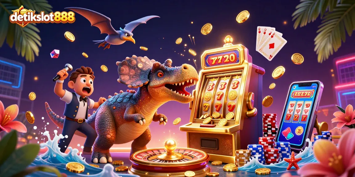 detikslot888 showcases a 3D dinosaur hitting a slot machine, celebrating jackpot wins with coins flying everywhere.