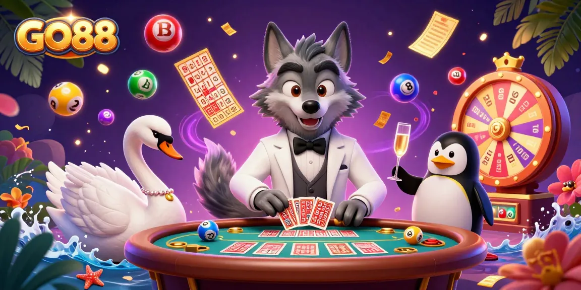 Engaging GO88 casino atmosphere with colorful lottery elements and dynamic characters.
